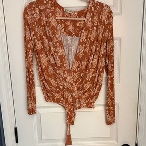 Free People Floral Wrap Blouse - Rust and Cream